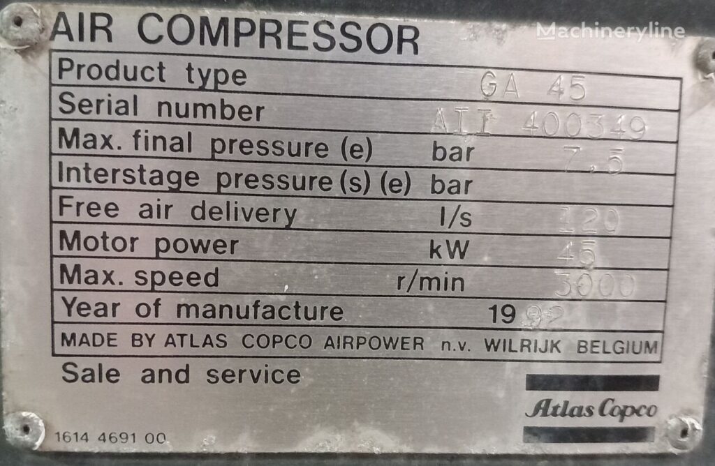 1992 Atlas Copco GA 45 Compressor - Stationary for sale — view 3