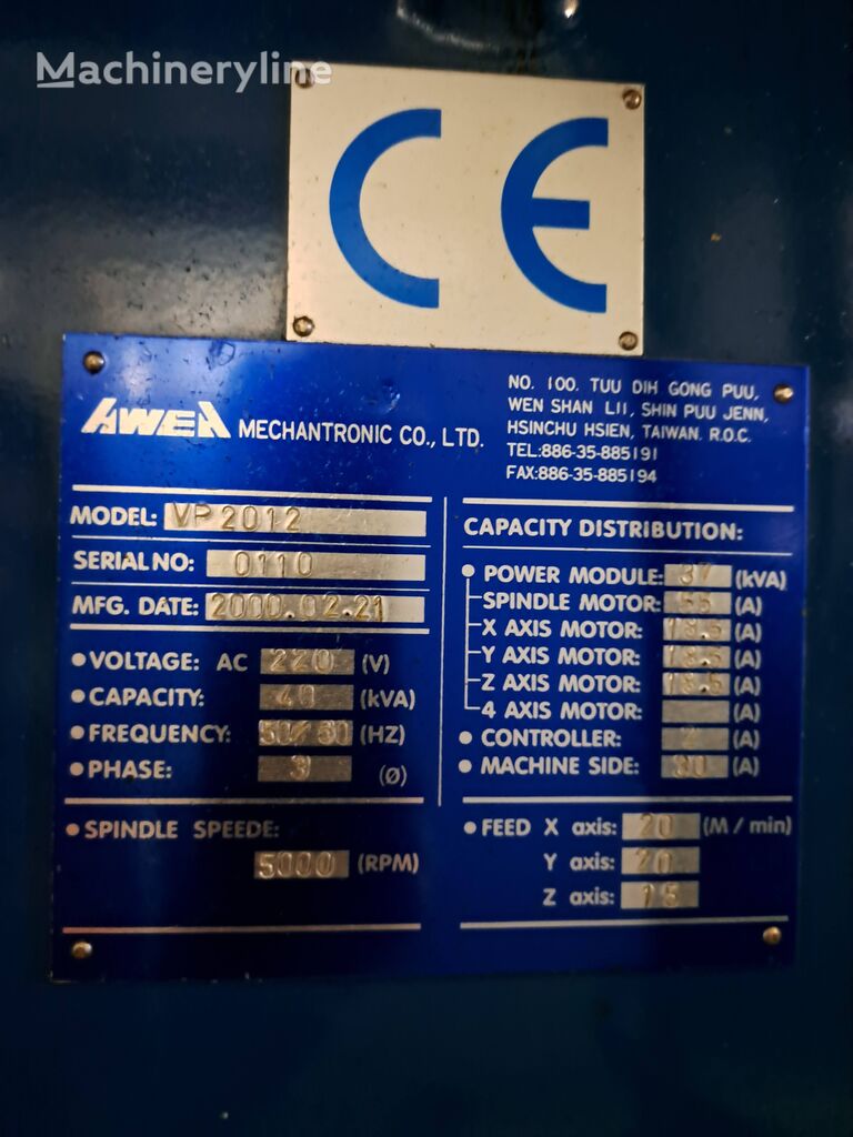 2000 AWEA VP2012 Machining Center for sale — view 4