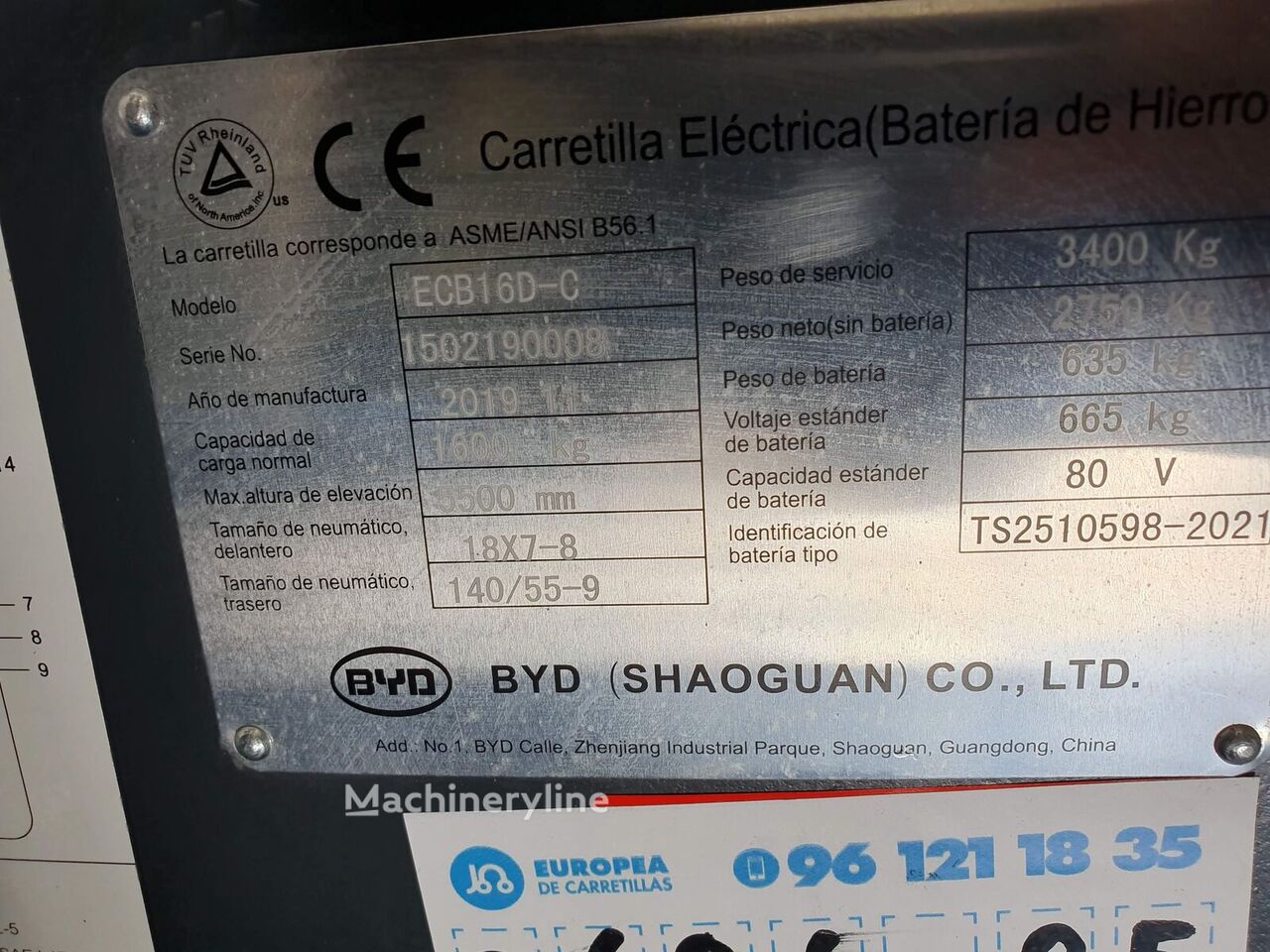 2019 BYD ECB16D Electric Forklift for sale — view 3
